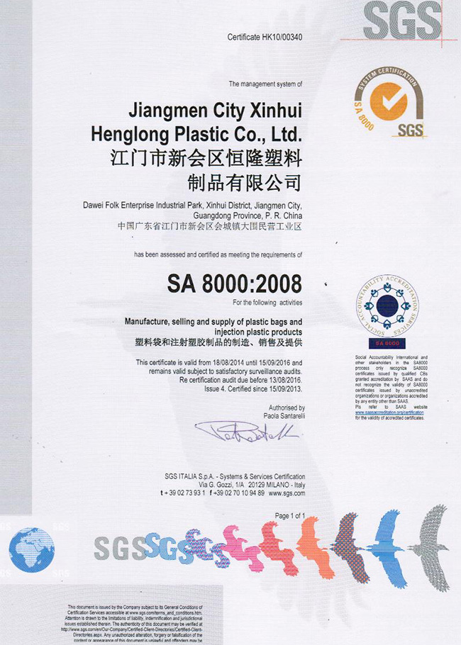 SA8000-2008 Qualification certificate Social Accountability 8000 International standard